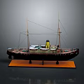Vintage Ship Model With Two Masts Wooden Base And Deck Details
