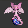 Pink Dragon With Yellow Eyes And Wings Standing On Blue Spotted Ball With Arrow
