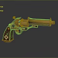 Vintage Brass Revolver with Wooden Grip Engraved Pattern and Glowing Components Steampunk Inspired Design