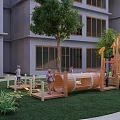 Outdoor Kids Play Area With Wooden Playhouse Slide Climbing Structure And Grass Lawn