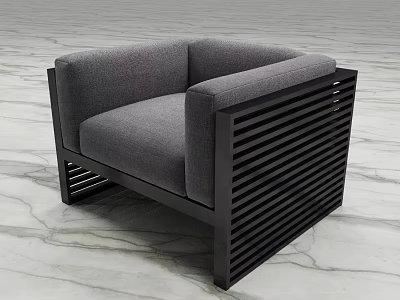 Gray Single Sofa With Black Frame Vertical Slat Design On Marble Floor 3d model