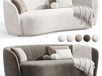 Two Seater Sofa In Neutral Tones With Round Square Pillows And Knitted Throw Blanket 3d model