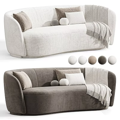 Two Seater Sofa In Neutral Tones With Round Square Pillows And Knitted Throw Blanket 3d model