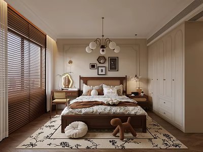 Cozy Bedroom Interior Design With Wooden Bed White Wardrobes Chandelier Rug And Blinds 3d model