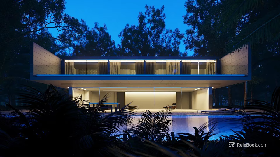 Modern Detached Villa With Modern Design Illuminated Exterior Large Windows And Swimming Pool Surrounded By Trees 3d model 
