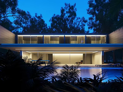 Modern Detached Villa With Modern Design Illuminated Exterior Large Windows And Swimming Pool Surrounded By Trees 3d model
