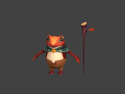 Cartoon Frog Character In Game With Orange Head White Belly Green Scarf And Wooden Staff 3d model