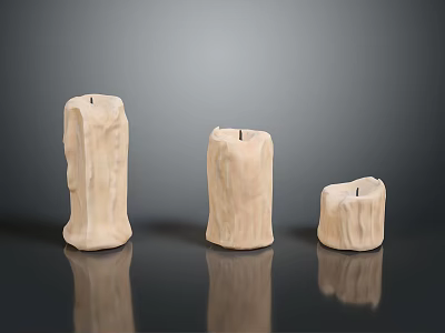 Natural Cream Colored Candles With Wooden Texture And Different Sizes On Black Surface 3d model