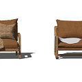 Brown Leather Single Sofa With Checkered Pillows Faux Fur Blanket And Woven Backrest