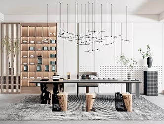 New Chinese Style Tea Room Tea Room Leisure Tea Room Tea Table and Chair Potted Plant 3d model
