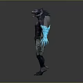 Mythical Game Movie Character With Wolf Head Purple Torso And Blue Glowing Arms