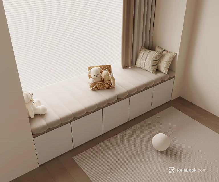 Cozy Bay Window with Upholstered Seat Cushions Curtains Basket and Storage Cabinets 3d model 