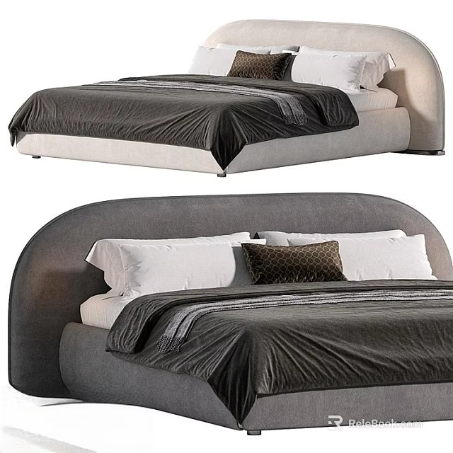 Modern Double Bed With Curved Headboard Dark Bedspread And White Pillows 3d model