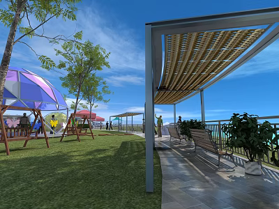 Relaxing Garden Landscape with Green Grass Trees Wooden Pergola Benches Swings and Colorful Umbrellas 3d model