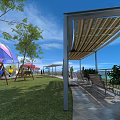 Relaxing Garden Landscape with Green Grass Trees Wooden Pergola Benches Swings and Colorful Umbrellas