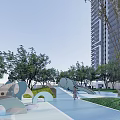 Modern High Rise Residential Landscape With Wooden Lattice Walkway Entrance Area And Greenery Pathway