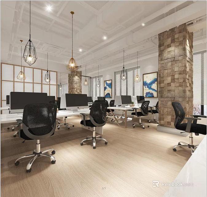 Modern Public Office Space With Workstations Computers Hanging Lights And Brick Wall 3d model 