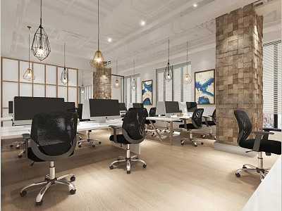 Modern Public Office Space With Workstations Computers Hanging Lights And Brick Wall 3d model