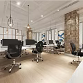 Modern Public Office Space With Workstations Computers Hanging Lights And Brick Wall