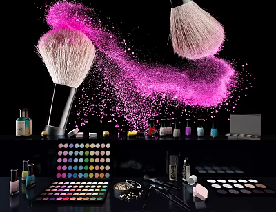 Perfume Cosmetics Collection Featuring Makeup Brushes Pink Powder Splash And Colorful Eyeshadow Palettes 3d model