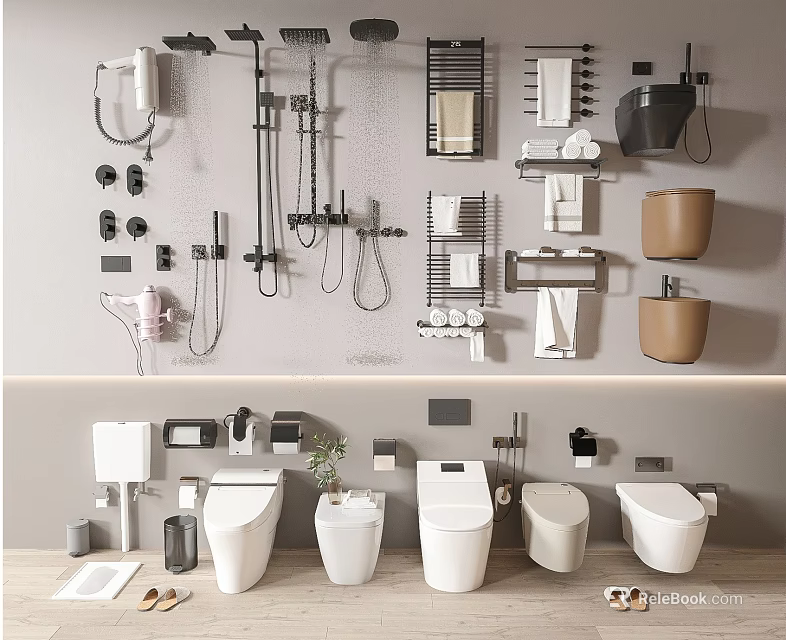 Modern Bathroom Set With Toilets Shower Systems Towel Racks And Storage Accessories 3d model 