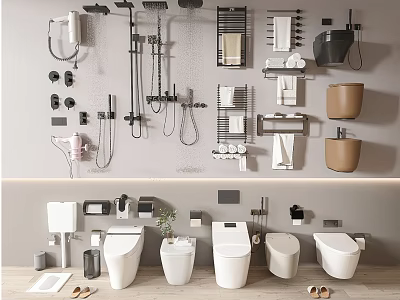 Modern Bathroom Set With Toilets Shower Systems Towel Racks And Storage Accessories 3d model