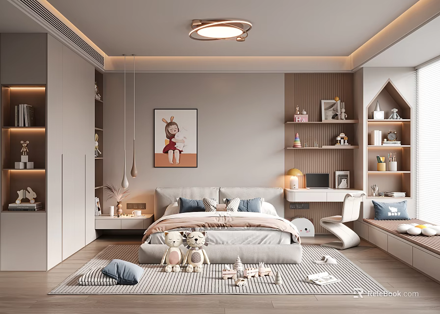 Cozy Kids Room Interior With Stuffed Toys Soft Rug Desk Chair And Decorative Painting 3d model 