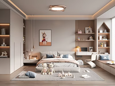Cozy Kids Room Interior With Stuffed Toys Soft Rug Desk Chair And Decorative Painting 3d model