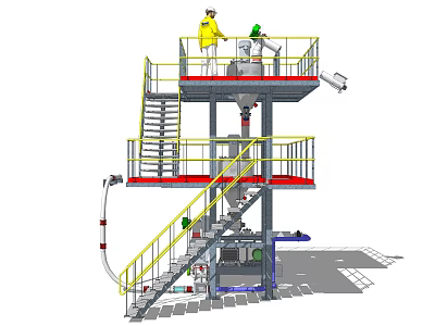 Industrial Equipment With Multi Level Platform Yellow Railings Staircase And Operator 3d model