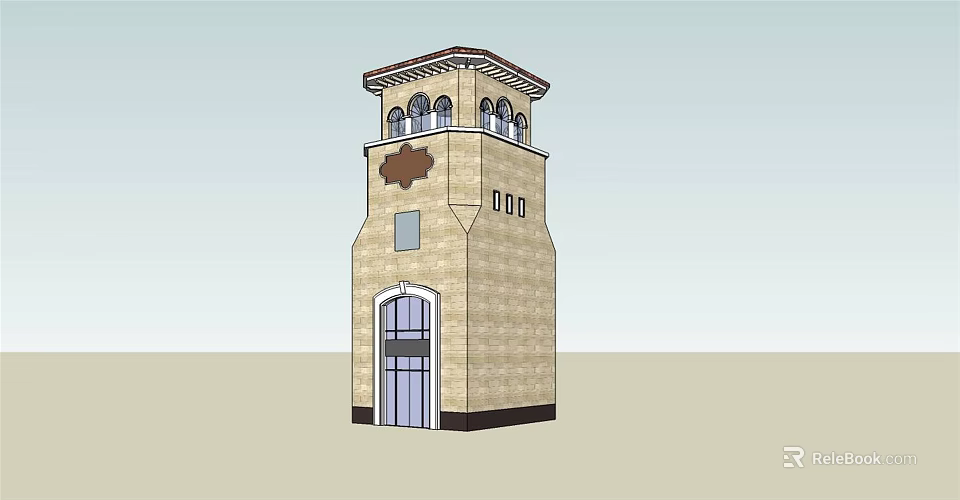 Classical Stone Tower with Arched Windows Decorative Top and Entrance Door 3d model 