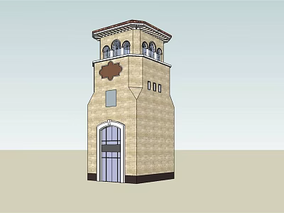 Classical Stone Tower with Arched Windows Decorative Top and Entrance Door 3d model