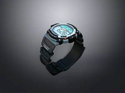 Sporty Digital Watch With Black Rubber Strap White Dial And Clear 3d model