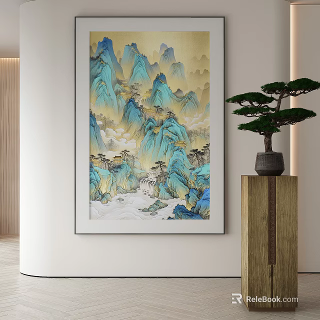 Abstract Painting With Blue And Gold Tones For Modern Home Interior Wall Decoration 3d model 