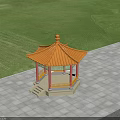 Traditional Chinese Pavilion with Orange Roof Red Pillars on Green Lawn and Square Stone Pavement