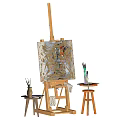 Art Supplies and Musical Instruments Setup With Easel Canvas Paintbrushes and Paints