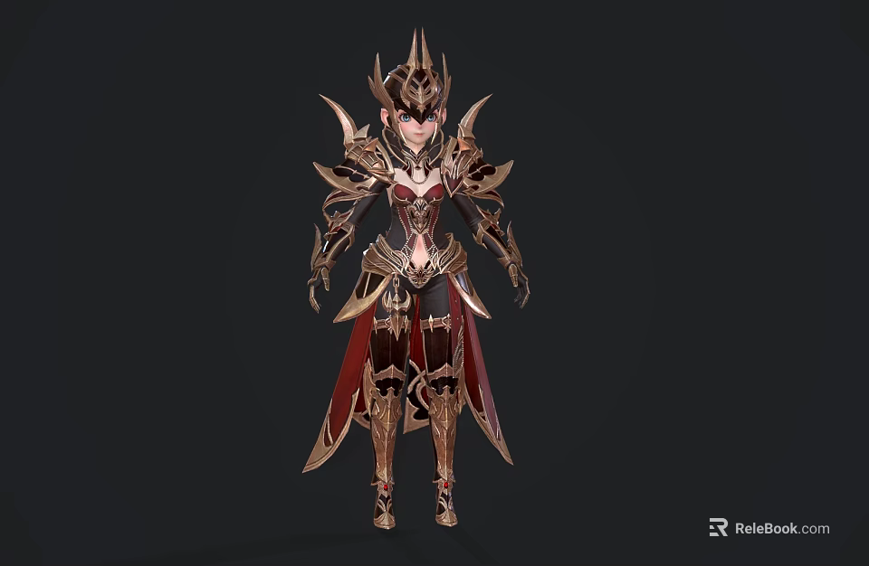 Mythical Game Movie Character in Ornate Gold Red Armor With Spiked Helmet and Long Cape 3d model 