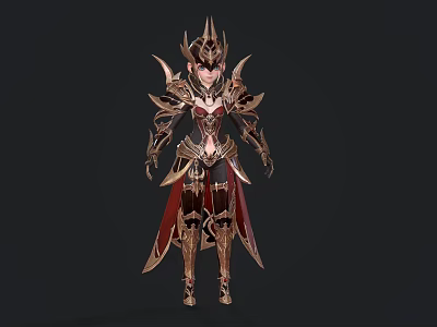 Mythical Game Movie Character in Ornate Gold Red Armor With Spiked Helmet and Long Cape 3d model