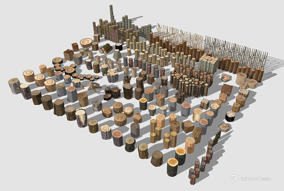 Industrial Equipment Components Featuring Various Sizes And Types Of Wooden Cylinders And Blocks 3d model 