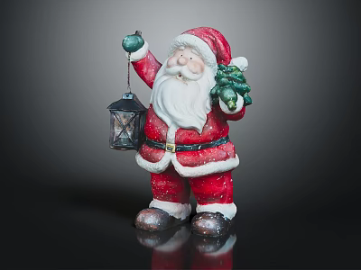Red Clad Santa Claus Figure Holding Lantern And Small Christmas Tree Decoration 3d model