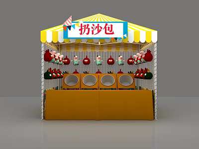 Colorful Sandbag Throwing Interactive Booth With Striped Tent And Circular Holes 3d model