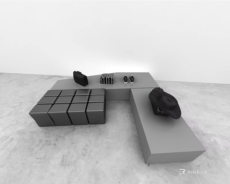 Gray Cube Structure Display Platform With Black Objects And Modern Design 3d model