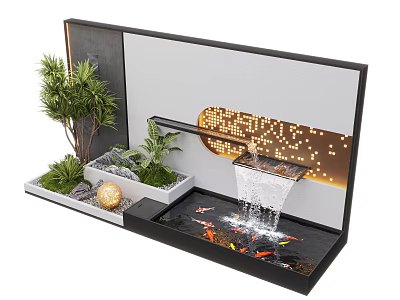 Modern Water Fountain With Flowing Water Koi Fish Decorative Plants And Warm Lighting 3d model