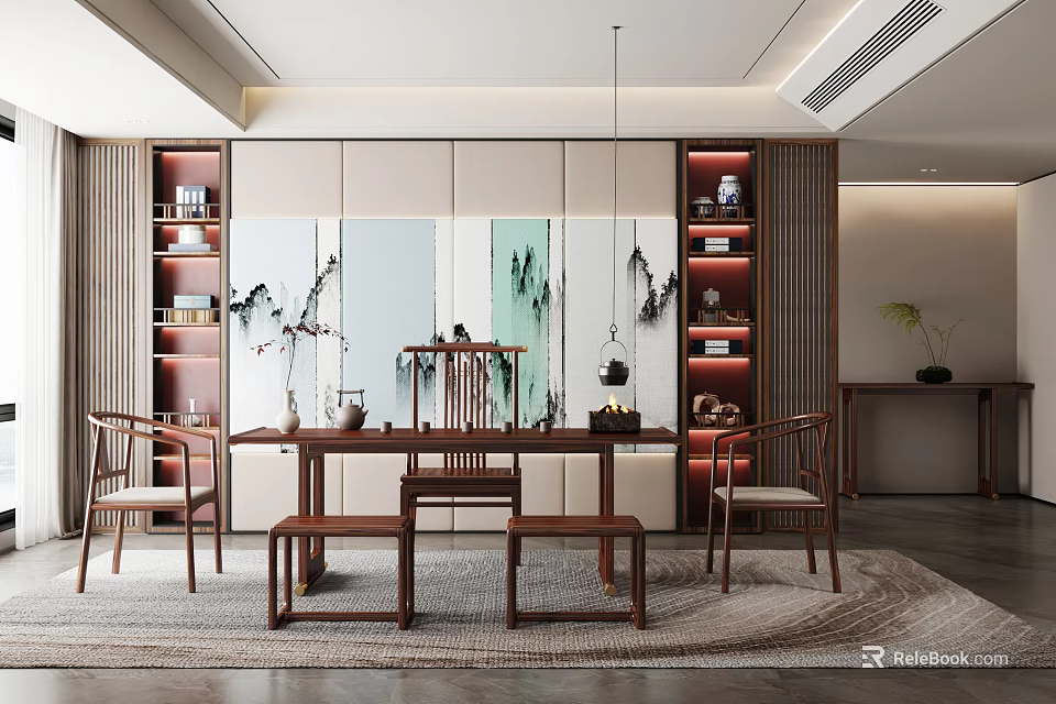 Traditional Tea Room Interior Design With Tea Table Chairs Tea Set And Decorative Shelves 3d model 