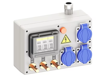 Industrial Control Panel With Blue Sockets Orange Button Warning Indicator And Metal Connectors 3d model