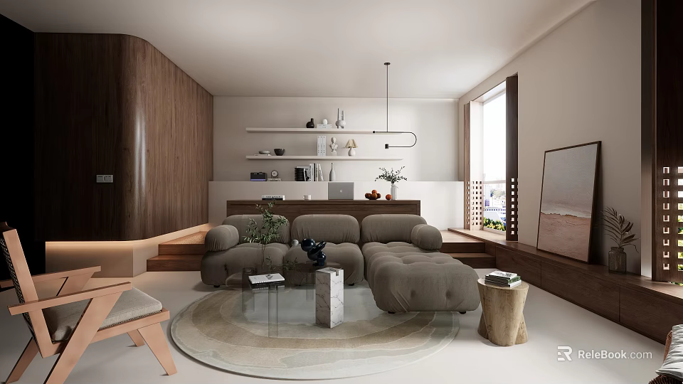 Modern Elegant Living Room Interior Design With Brown Sofa Round Rug And Glass Coffee Table 3d model 
