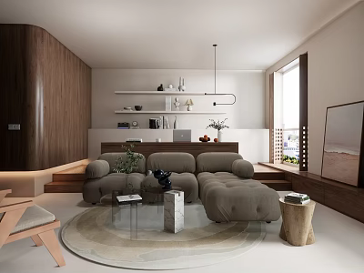 Modern Elegant Living Room Interior Design With Brown Sofa Round Rug And Glass Coffee Table 3d model