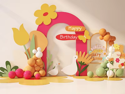 Colorful Happy Birthday Decoration With Arch Flowers Tulips Geese Balloons And Hats 3d model