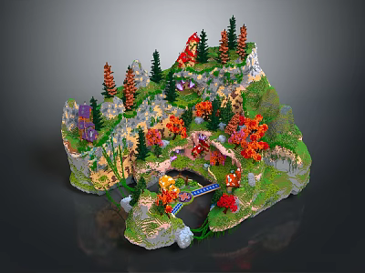 Miniature Landscape Model With Colorful Trees Hills Small Bridge And Green Grass 3d model