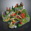 Miniature Landscape Model With Colorful Trees Hills Small Bridge And Green Grass