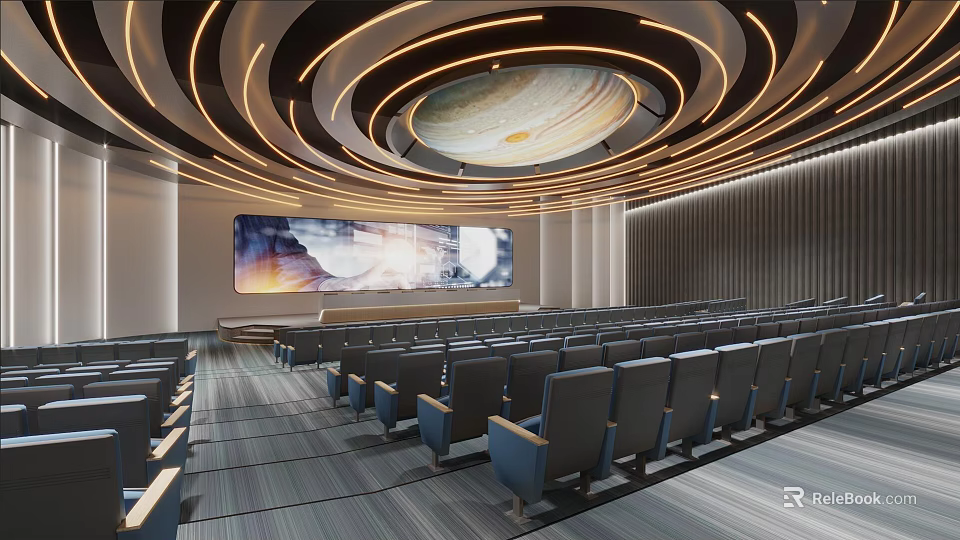 Modern Conference Room Interior Design With Large Screen Rows of Seats And Circular Ceiling Lights 3d model 
